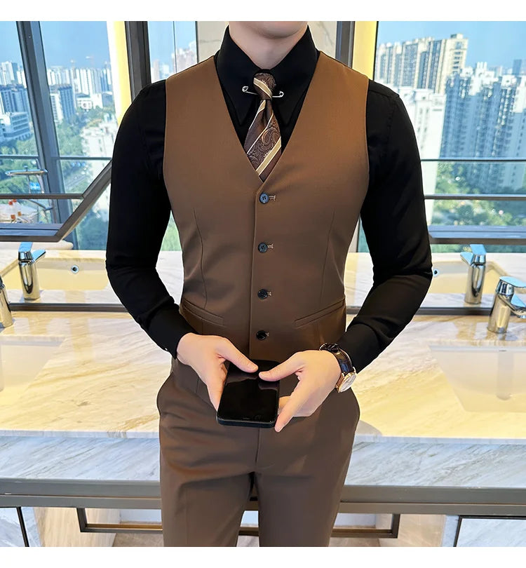 ( Vest + Pants) Men Luxury High Quality Business Suit Vest 2 pieces Formal Groom Wedding Dress Vest Set Fashion Club Clothing