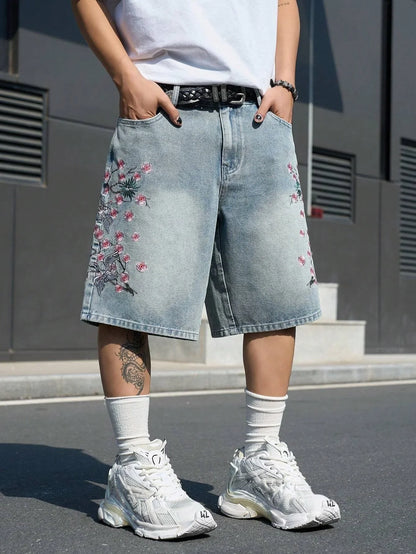 Men's Light Blue Cherry Blossom Embroidered Denim Shorts, Loose Wide-Leg Streetwear Trendy Denim Capris