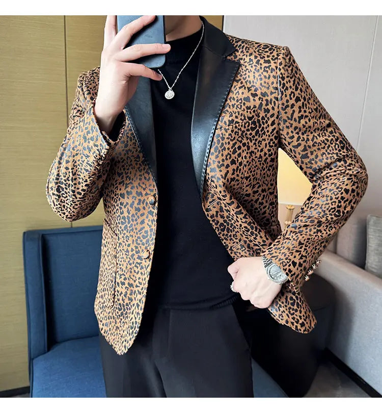 Splicing Leather Neck Casual Suit Jacket Fashion Leopard Men's Business Slim Fit Social Formal Blazers Wedding Groom Tuxedos