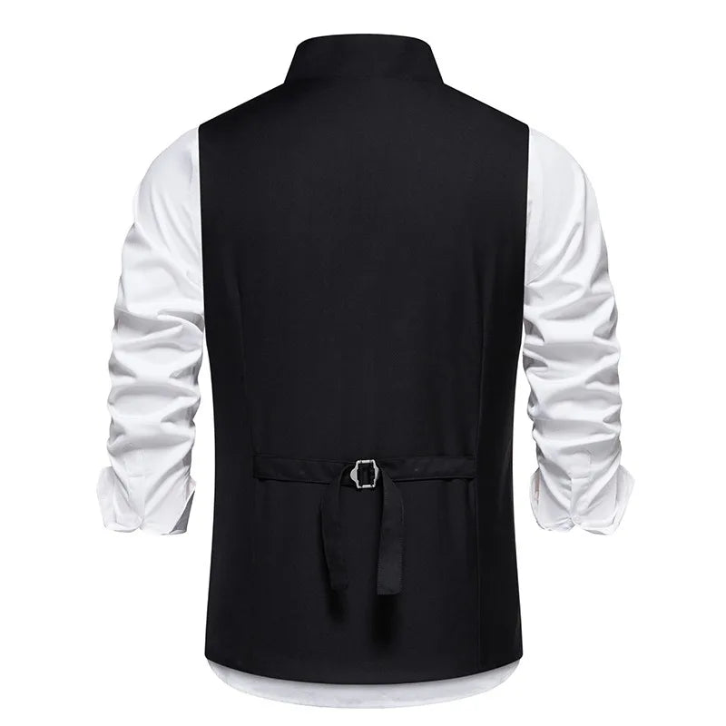Man Suit Vest Spring Autumn Thin Solid Stand Collar Male Waist Slim Sleeveless Single-breasted Business Wedding Men Vest