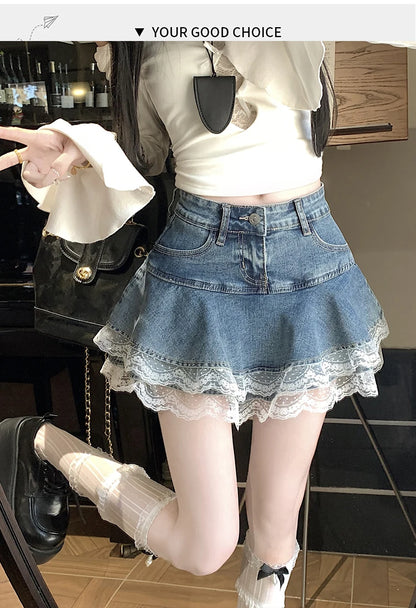 2025 Summer Mini Y2K Denim Skirt Women Fashion Streetwear Ruffles Kawaii Lace Skirts Shorts Preppy School Pleated Jeans Skirt
