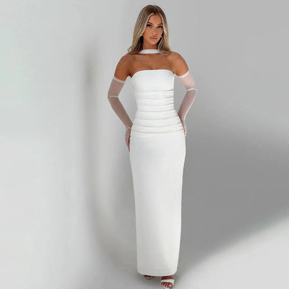 Elegant Scarf Strapless Solid Mesh Gloves Sexy Bodycon Maxi Prom Dress Women Fashion Y2K Outfits Wedding Party Birthday