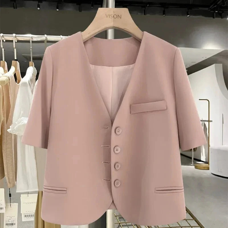 Lucyever Summer Shorts Sleeve Women's Jacket Korean Fashion Notched Neck Office Work Blazer for Women Casual Simple Suit Jackets