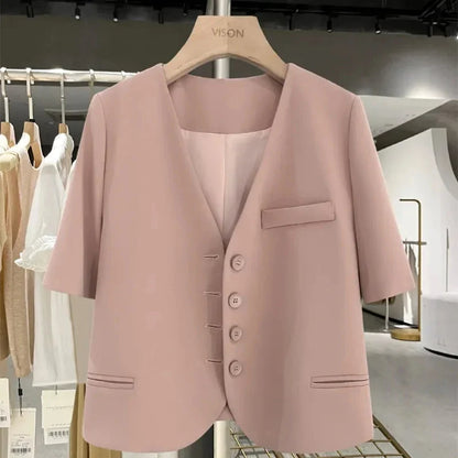 Lucyever Summer Shorts Sleeve Women's Jacket Korean Fashion Notched Neck Office Work Blazer for Women Casual Simple Suit Jackets
