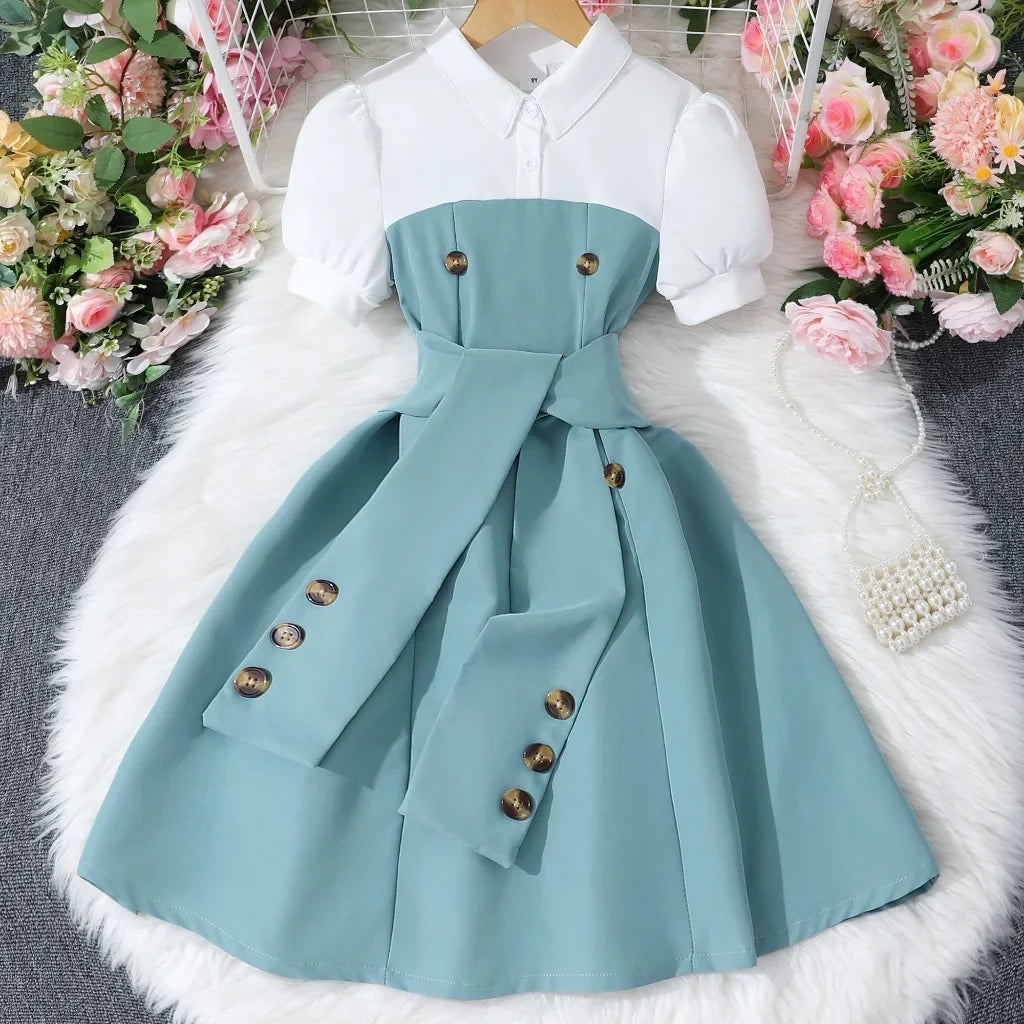 2025 Vintage Elegant Kids Girl Dress Summer Short Sleeves School Graduation Birthday Party Children Dresses 7 8 9 10 11 12 Yrs