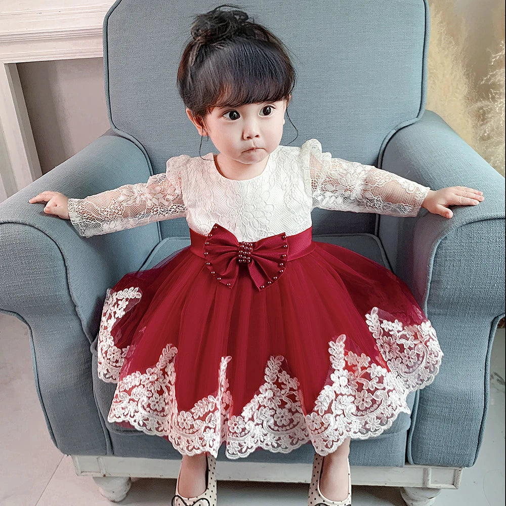 Long Sleeve Baby Girls Dress Newborn White Baptism Tulle Party Wedding 1st Birthday Princess Dresses Infant Girls Bow Prom Gown