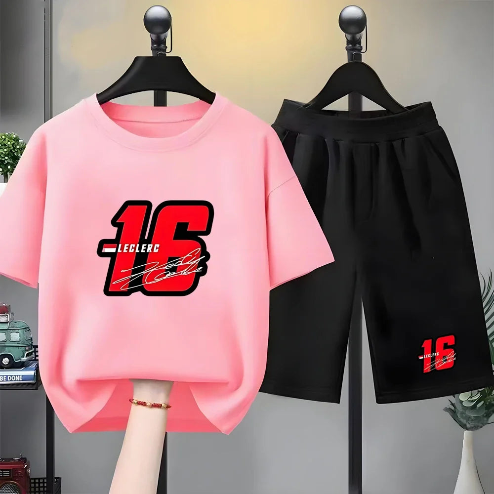 Summer Kids T-Shirt White Round Neck Tops+Shorts Boy Girl Charles Leclerc Racing Car No. 16 Clothing Sets Casual Cool Tees