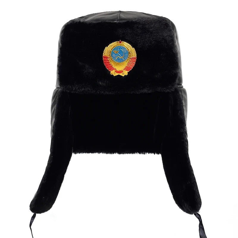 Soviet Army Military Badge Russia Ushanka Bomber Hats Pilot Trapper Trooper Hat Winter Faux Rabbit Fur Earflap Men Snow Caps
