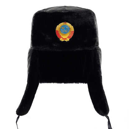 Soviet Army Military Badge Russia Ushanka Bomber Hats Pilot Trapper Trooper Hat Winter Faux Rabbit Fur Earflap Men Snow Caps