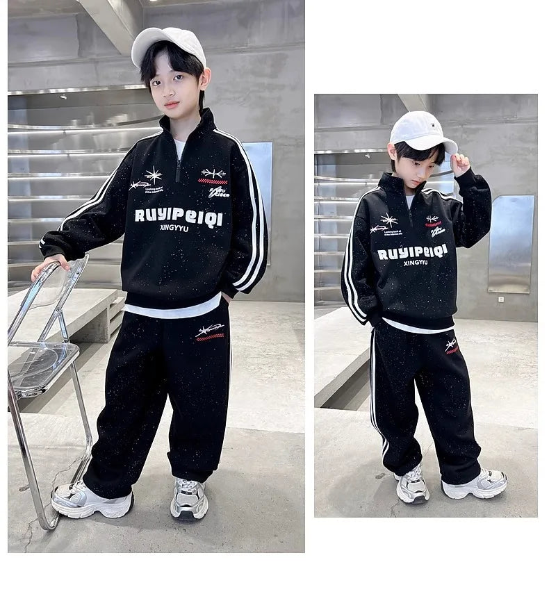 Spring Autumn Boys Striped Half Zip Sweatshirt+Sweatpant Workout Sets School Kids Tracksuit Children Outfit Jogging Suit 5-16 Yr