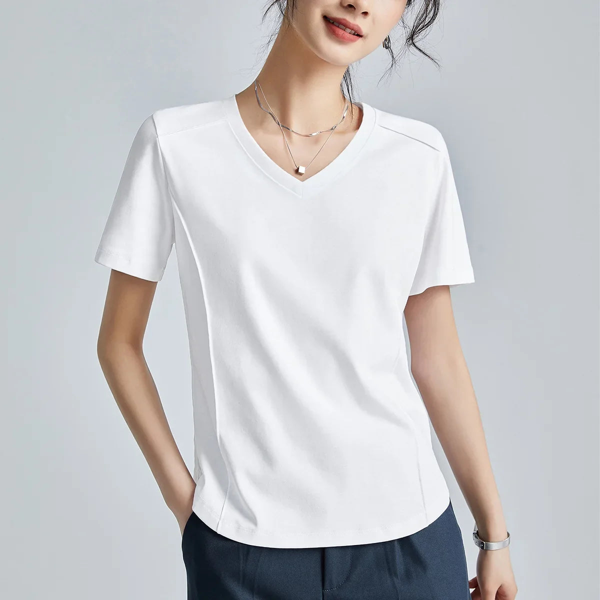 Summer Women's White Mercerized Cotton T-Shirt | 3D Stitching Round Neck Basic Top | Plus Size Slim Fit Layered Casual Blouse
