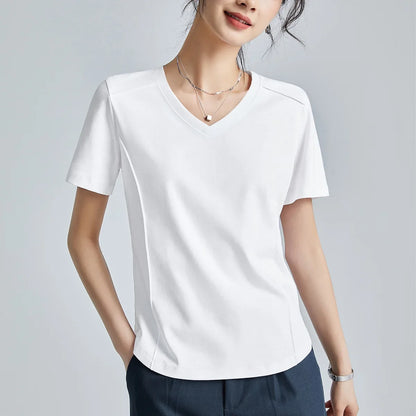 Summer Women's White Mercerized Cotton T-Shirt | 3D Stitching Round Neck Basic Top | Plus Size Slim Fit Layered Casual Blouse
