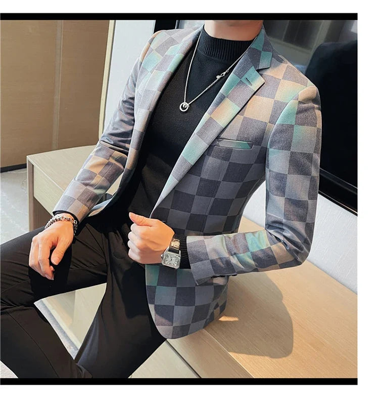 British Style Luxury Plaid Suit Jacket 2025 Spring New Men High-end Business Slim Blazers Groom Wedding Social Party Dress Coats