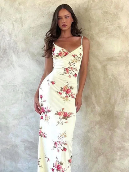 Floral Print Summer Green Dress Womens Fashion Casual Sleeveless V-neck Backless Tunics Bodycon Holiday Beach Dresses Streetwear