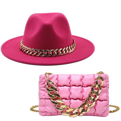 Hat For Women Autumn Winter New Party Jazz Fedora Hats With Fashion Luxury Oversized Chain Accessory Bag Two-piece Set