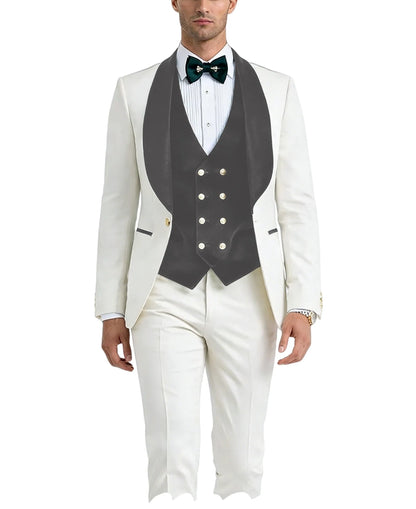 Men White Tuxedo Suit 3 Piece Shawl Lapel Slim Fit 1 Button Velvet Collar Patched Blazer Vest Pants Set for Wedding Party Groom