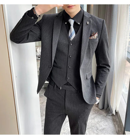( Blazer + Vest + Pants ) High-end Formal Casual Business Striped Fashion Men's 3 Piece Suit Groom Wedding Dress Suit