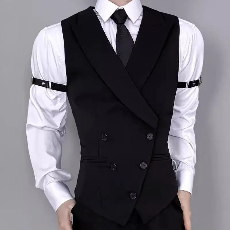 Man Waistcoat Vintgae Slim Turn Down Collar Male Suit Vest Simple Double-breasted Breathable Casual Versatile Men Vest