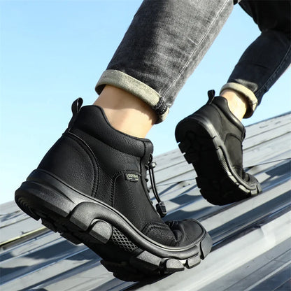 Black Leather Work Safety Shoes Waterproof Indestructible Steel Toe Cap Labor Shoes For Men Breathable Anti Smashing Sneakers