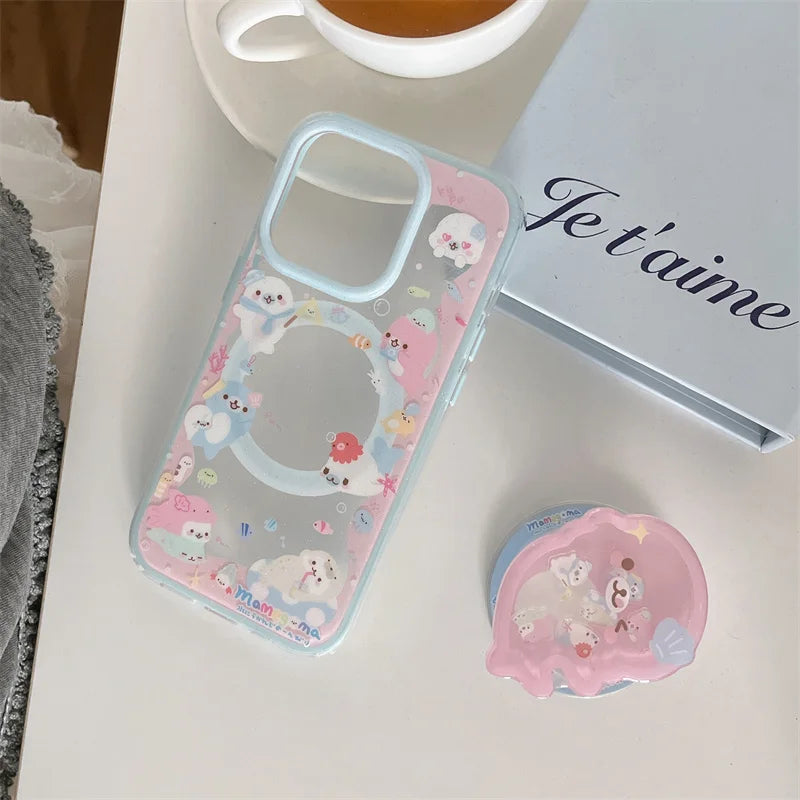 Cute Dolphin Shaking Bracket Magnetic Phone Case For iPhone 17 16 Pro 15 14 Pro Max Cover with Stand Holder Cases for Magsafe