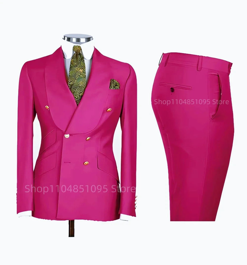 Smart Casual Solid 2 PCS Men Suits Formal Groom Tuxedos Shawl Lapel Double Breasted Jacket Pants Business/Wedding Suits Set