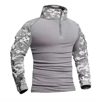 Men's Long Sleeve Combat Shirt Zipper Ripstop Cotton Tactical Shirts Navy Blue Camoufalge Airsoft T Shirts