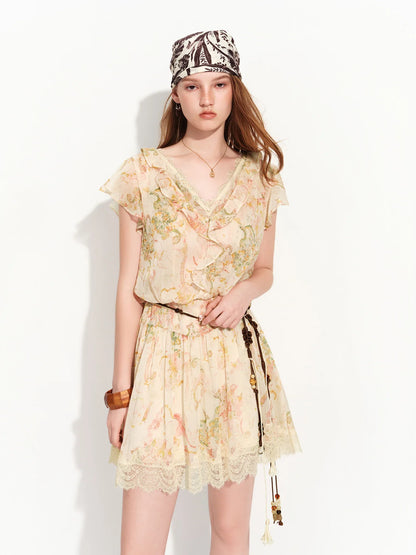 2026 Summer Women‘s Tiered Ruffle Lace Trim Chiffon Long Short Dress Flowy Smocked Maxi for French Romantic Coquette Style