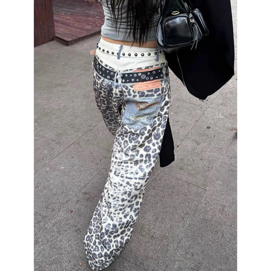 Women Baggy Y2k Leopard Jeans Japanese 2000s Hip Hop Oversize Graffiti 3D Jean Pants Vintage Harajuku Denim Trousers