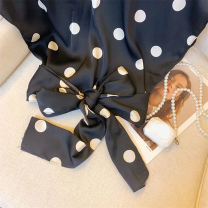 Sexy Cropped Dot Shirt Women Vintage Slim V Neck Short Sleeve Design Blouse French Retro Casual Bow Lace Up Summer Elegant Tops