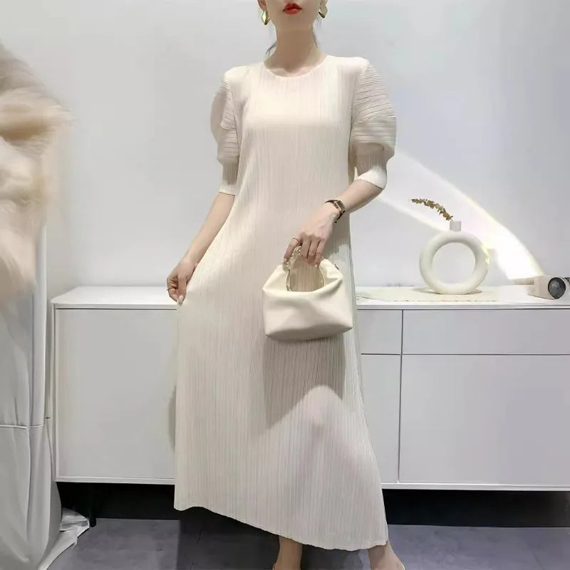 Miyake Pleated Dress 2024 Summer New Round Neck Loose and Comfortable A-line Short Sleeve Maix Dress