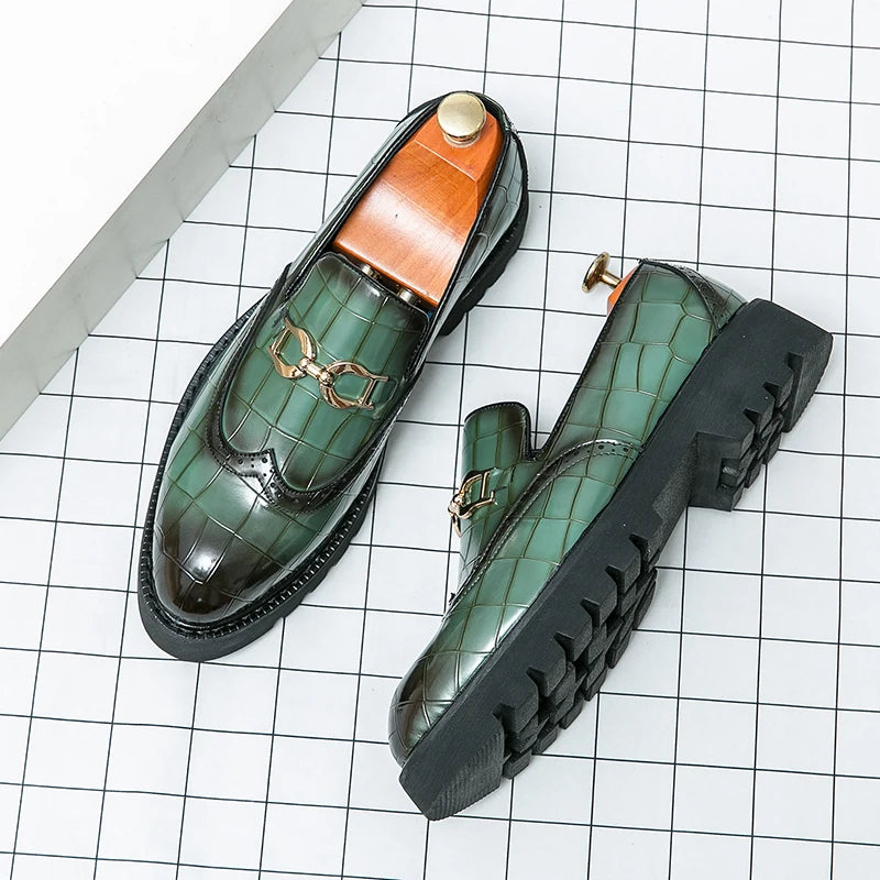 Trendy Brand Green Brogue Shoes Men's Leather Business Shoes Groom's Wedding Men's Loafers British Style Dress Shoes Men