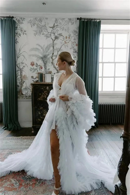 White Women Maternity Dresses for Photo Shoot V Neck Full Sleeves Robe Tiered Tulle Prom Wedding Pregnant Custom Made