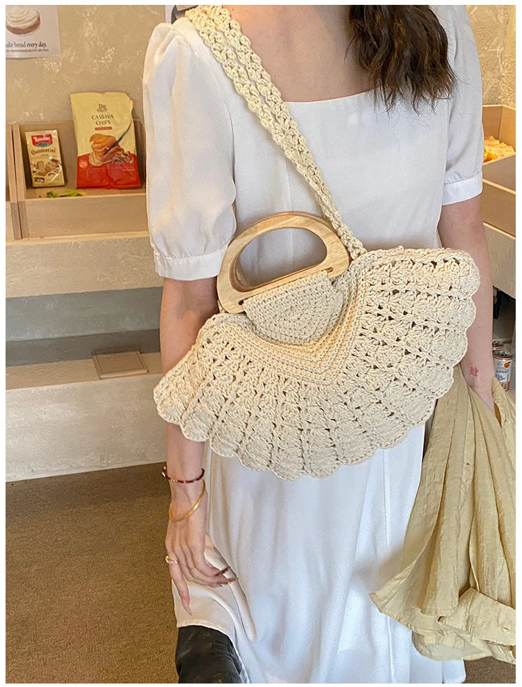 2026 New Retro Fan-shaped Crochet Woven Underarm Bag for Women Ins Style Seaside Vacation Versatile Wooden Handle Shoulder Bag