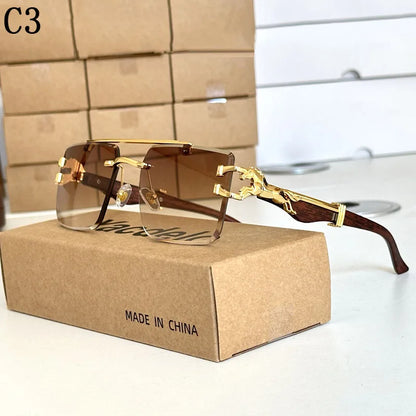 Wood Grain Sunglasses Women Trendy 2024 Rimless Sunglasses Men Vintage Designer Fashion Glasses Lentes De Sol Mujer Zonnebril