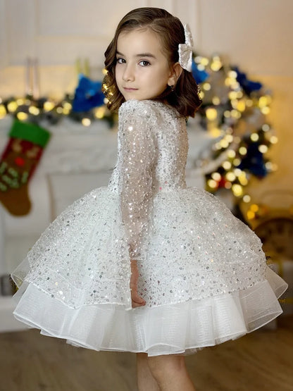 Customized Flower Girl Dresses White Tulle Puffy Tiered Sequin Long Sleeve For Wedding Birthday Party Banquet Princess Gowns