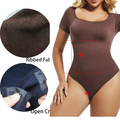Short Sleeve Open Crotch Big U Neck Seamless Shapers Spandex Elastic Body Suit Shapewear Women Body Shaper Tummy Control
