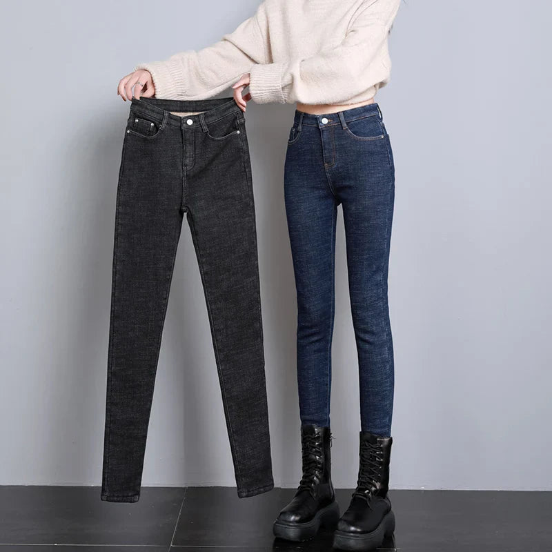 2023 Fashion Women Stretch High Waist Pencil Pants Casual Female Velvet Jeans High Quality Fleece Mom Jeans Thick Plush Pants