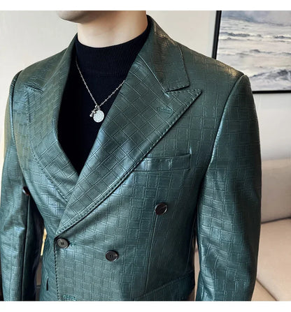 High Quality Square Grid Double Breasted Leather Jacket Fashion Business Slim Fit Casual Men Suit Blazer Tuxedos Men Clothing
