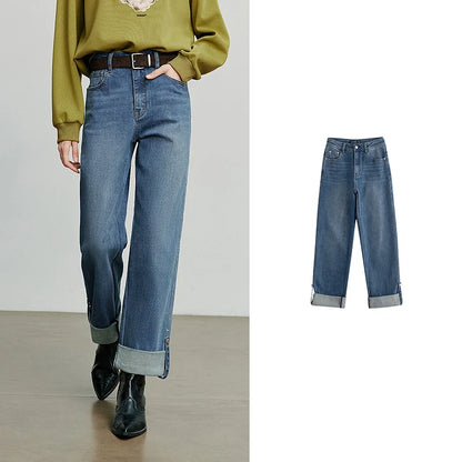 Women Denim Jeans 2025 Autumn New Lyocell Rolling Up Hem Elastic and Simple Straight Leg Ankle Length Pants