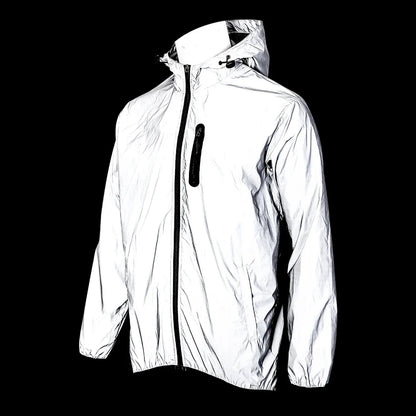Full Reflective Jacket with Hoodie High Visibility Waterproof Wind Breaker Men Women Hiking Cycling Running Safety Vest