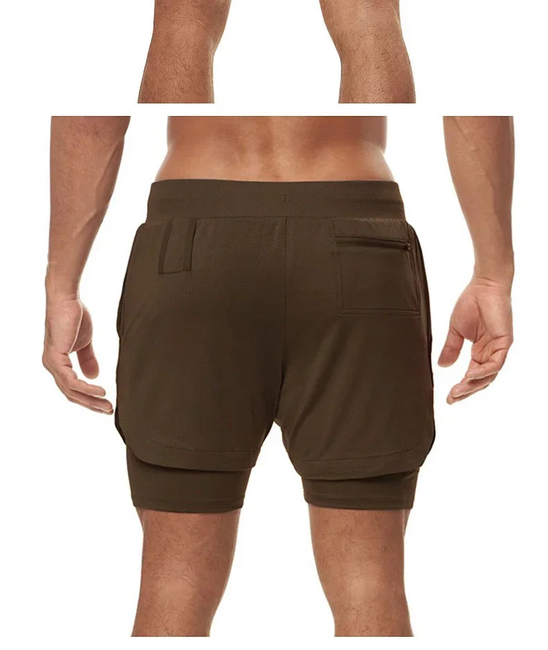 Men's 2 in 1 Double-deck Gym Shorts Quick Dry Summer Running Workout Shorts Zipper Pockets Slim Fit Fitness Training Short Pants