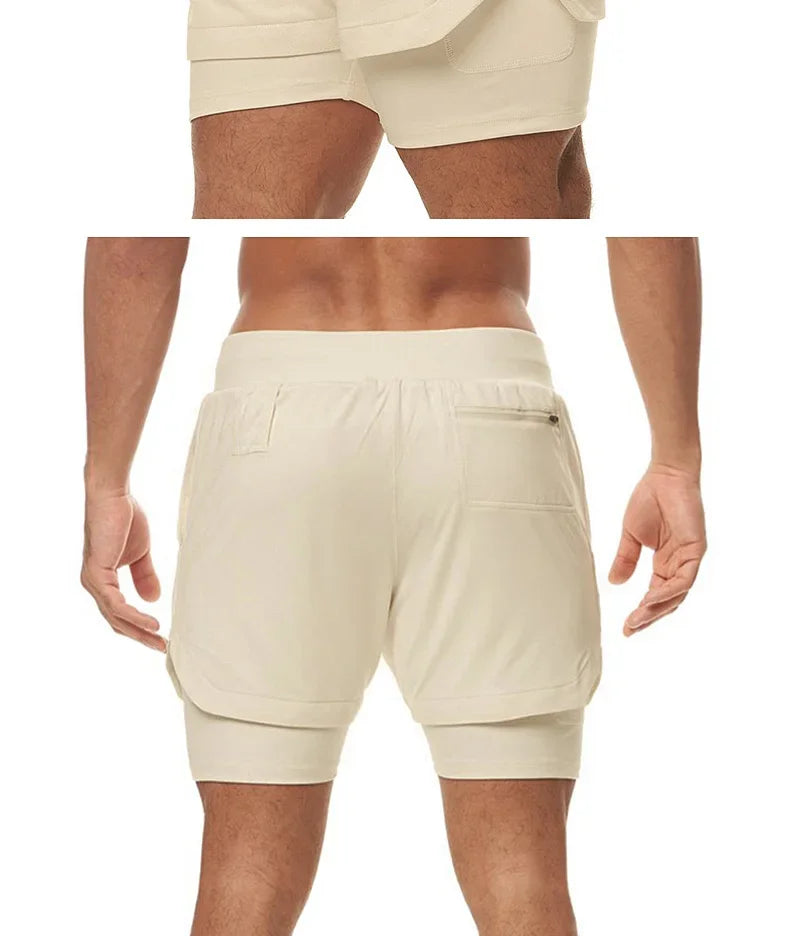 Men's 2 in 1 Double-deck Gym Shorts Quick Dry Summer Running Workout Shorts Zipper Pockets Slim Fit Fitness Training Short Pants
