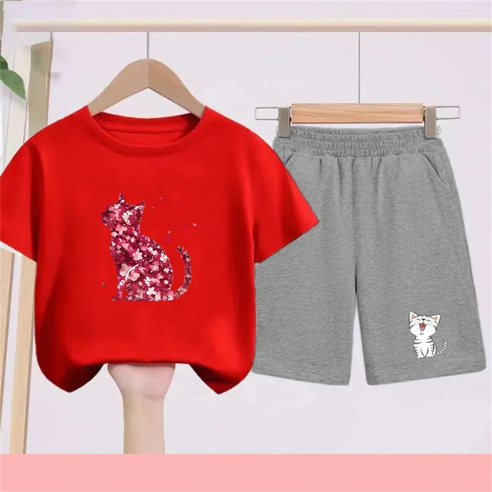 Summer Age 3-12 Girls boy cool breathable Tshirt Children T-shirt+bottom wear Set black 2pcs leisure Kids Set cat Print