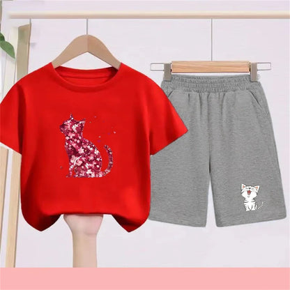 Summer Age 3-12 Girls boy cool breathable Tshirt Children T-shirt+bottom wear Set black 2pcs leisure Kids Set cat Print