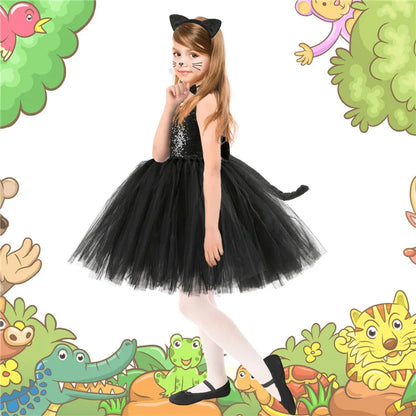 New Tutu Skirt Set Children's Clothing Animal Cos Elk Halloween Clothing Little Cat Mesh Girls' Dress School Performance Dress