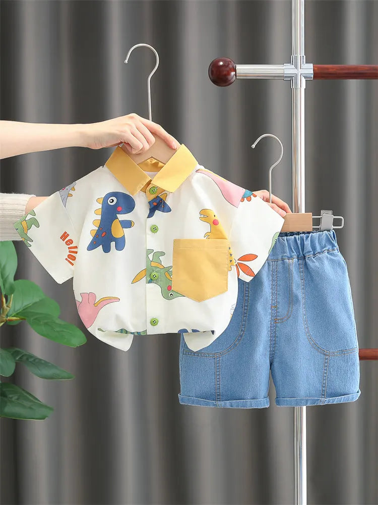 Cotton Clothes Kids Boy Summer Children Print Dinosaur Shirts Denim Shorts 2Pcs/Set Kids Fashion Toddler Tracksuits 0-5 Years