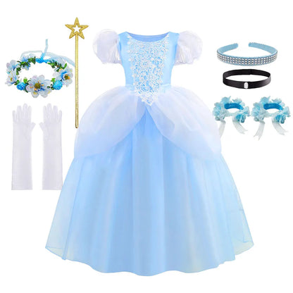 2026 Classic Cendrillon Costume Deluxe Lace Dress Birthday Party Role Play Princess Pretend Fairy Tale Grace Ball Gown for Kids