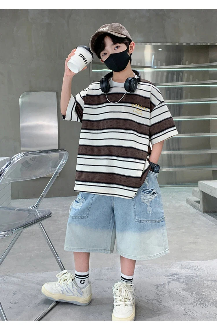 Luxury Summer Suit for Boy Short Sleeve Striped T-shirt + Denim Shorts 2 Pieces Clothing Set Kids Children Cotton Top Bottom Set