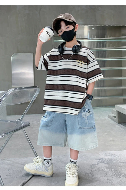 Luxury Summer Suit for Boy Short Sleeve Striped T-shirt + Denim Shorts 2 Pieces Clothing Set Kids Children Cotton Top Bottom Set