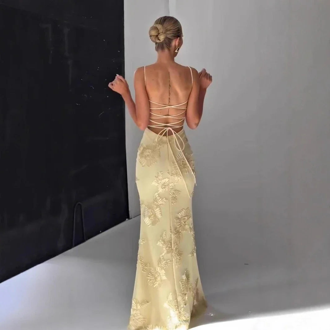 Women Maxi Backless Dress Sexy 3D Floral Embroidery Mermaid Gown Yellow Formal gala Prom Party Dress Long